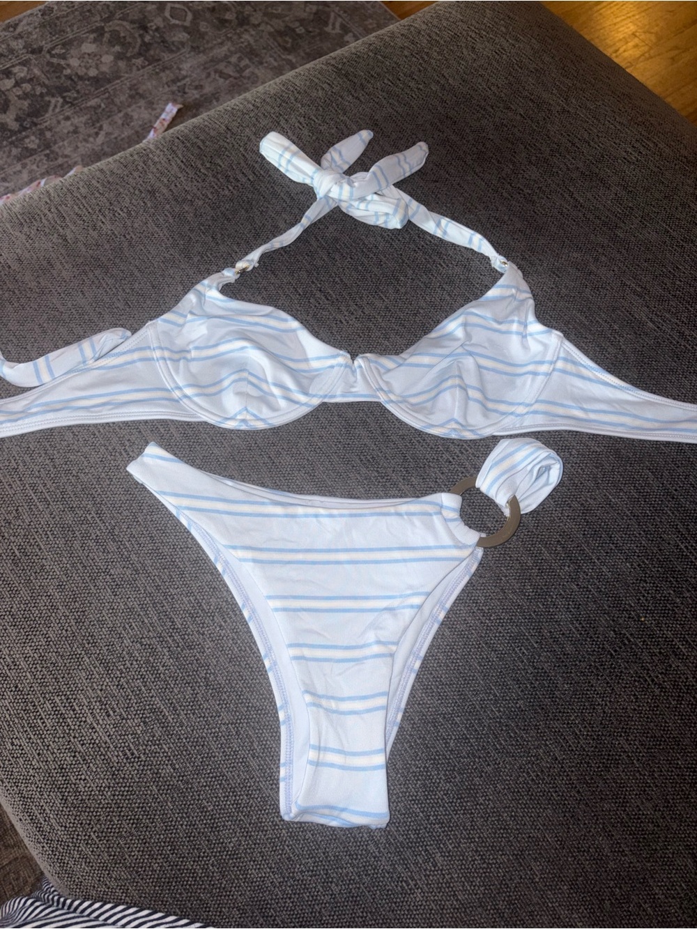 Monday Swimwear Striped Light Blue & White Ring-Accent Bikini